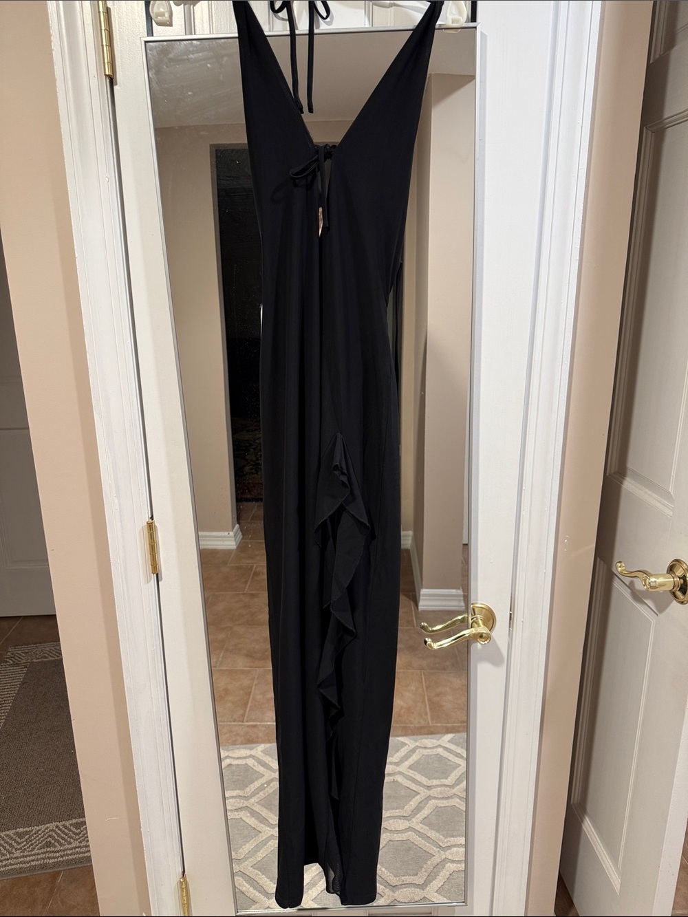 White Fox Boutique Black Backless Halter Maxi Dress with Ruffle Trim